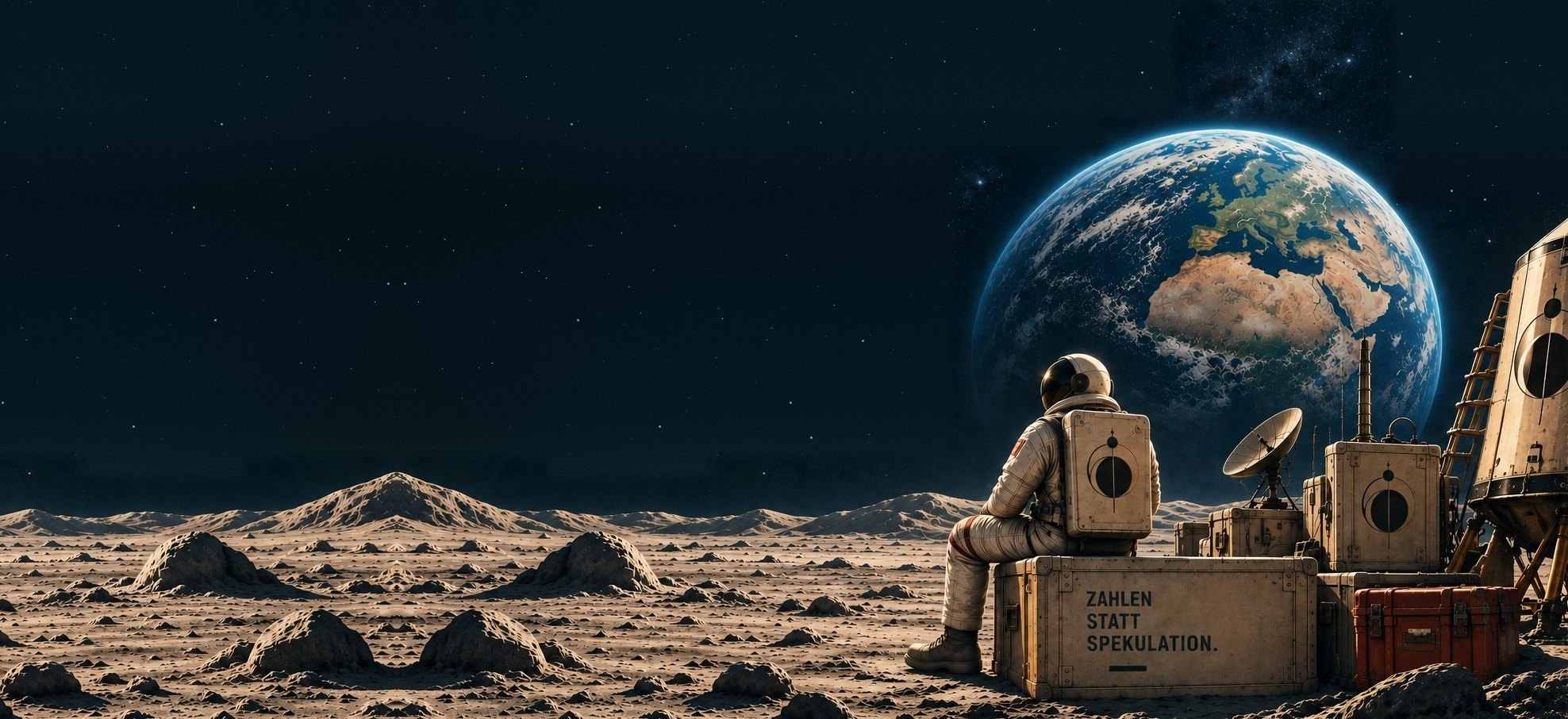 Ein Astronaut sitzt auf einer Transportkiste in einer Mondlandschaft, neben ihm Funkgeräte, Kisten und eine Landefähre; am Himmel steht groß die Erde. Auf der Kiste steht „ZAHLEN STATT SPEKULATION.“